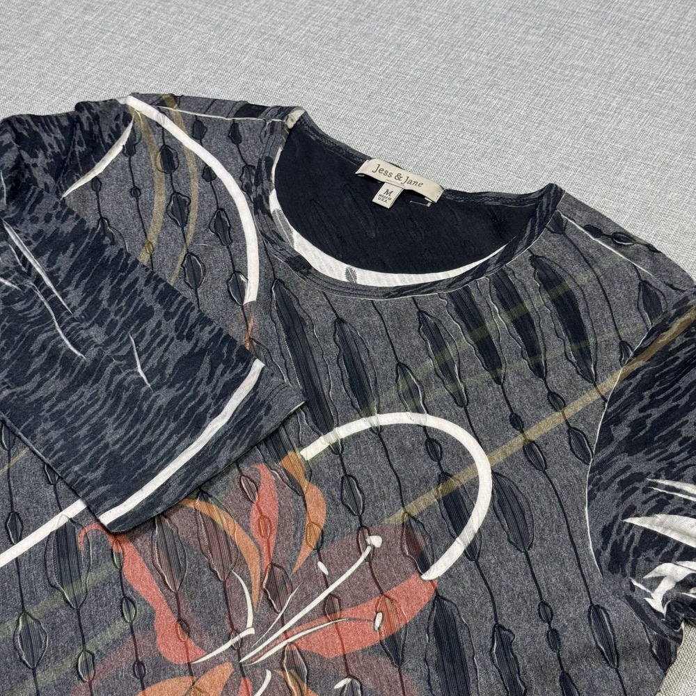 Jess & Jane 3/4 Sleeve Shirt Womens Medium Multicolor Abstract Polyester Rayon
